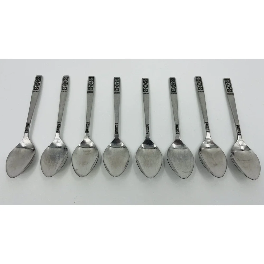 Custom Craft Stainless Flatware Fleur De Lis Set of 8 Teaspoons 6